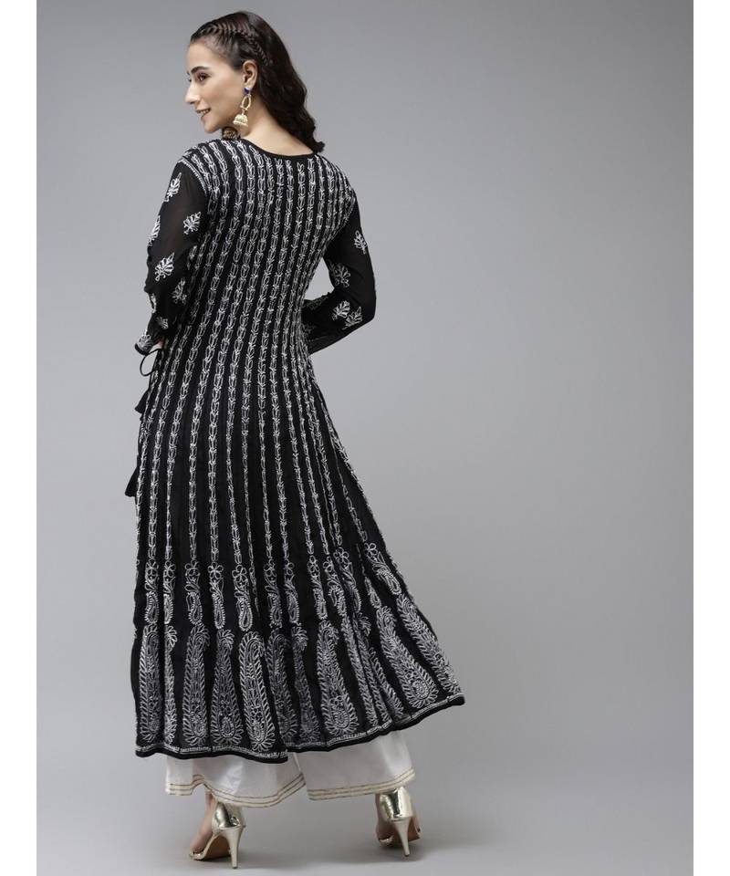 Ada Hand Embroidered Black Georgette Lucknow Chikankari Anarkali Kurta