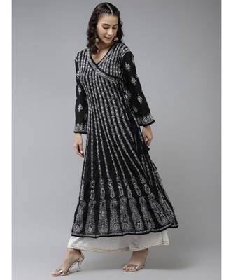 Ada Hand Embroidered Black Georgette Lucknow Chikankari Anarkali Kurta 3