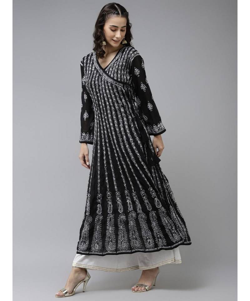 Ada Hand Embroidered Black Georgette Lucknow Chikankari Anarkali Kurta