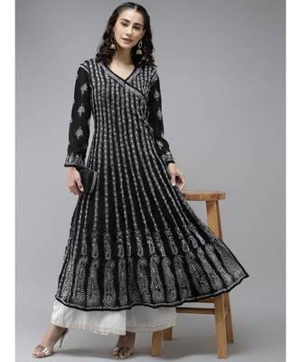 Ada Hand Embroidered Black Georgette Lucknow Chikankari Anarkali Kurta 4