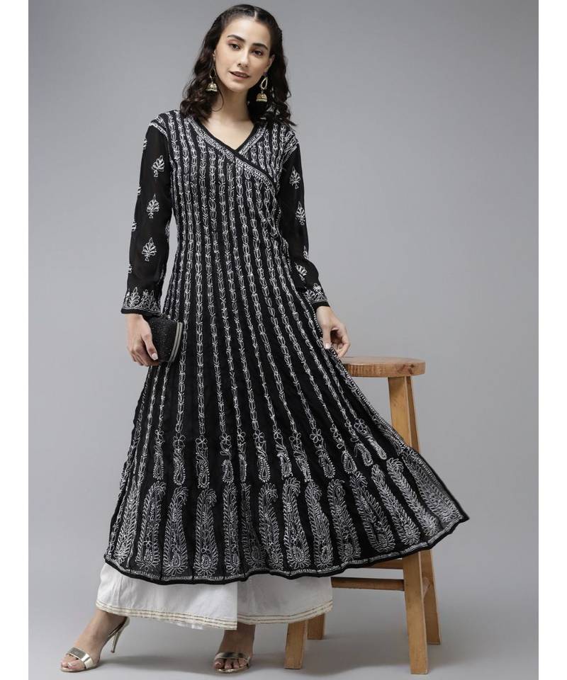 Ada Hand Embroidered Black Georgette Lucknow Chikankari Anarkali Kurta