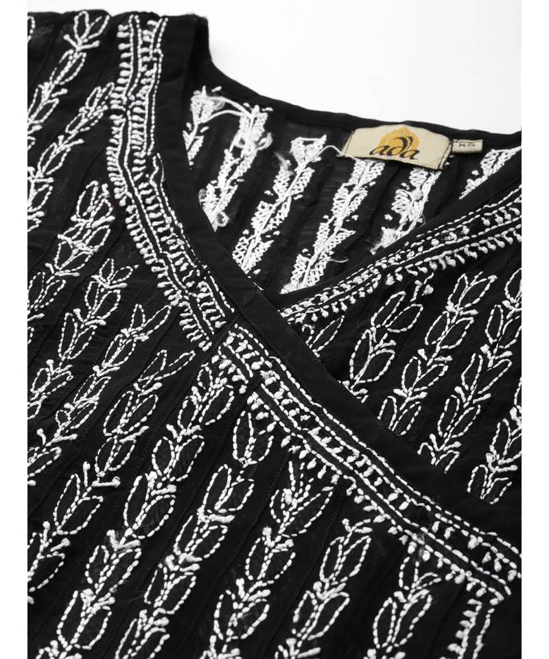 Ada Hand Embroidered Black Georgette Lucknow Chikankari Anarkali Kurta