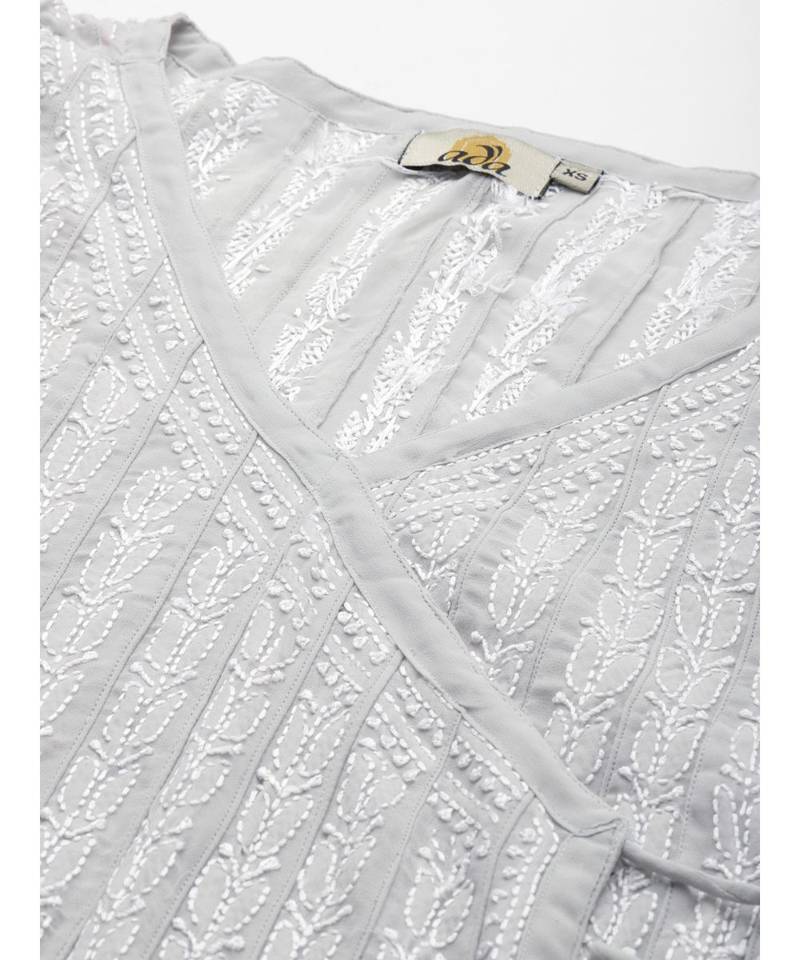 Ada Hand Embroidered Grey Georgette Lucknow Chikankari Anarkali Kurta 
