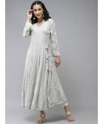 Ada Hand Embroidered Grey Georgette Lucknow Chikankari Anarkali Kurta  1