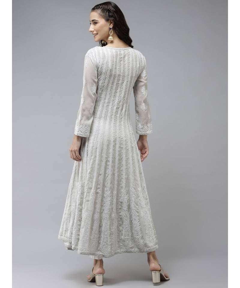 Ada Hand Embroidered Grey Georgette Lucknow Chikankari Anarkali Kurta 