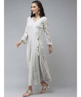 Ada Hand Embroidered Grey Georgette Lucknow Chikankari Anarkali Kurta  5