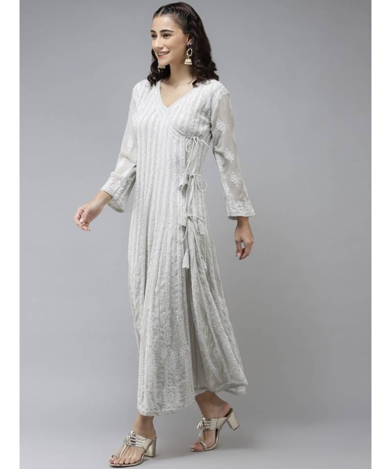 Ada Hand Embroidered Grey Georgette Lucknow Chikankari Anarkali Kurta 