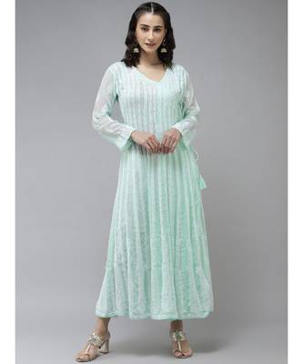 Ada Hand Embroidered Sea Green Georgette Lucknow Chikankari Anarkali Kurta 1