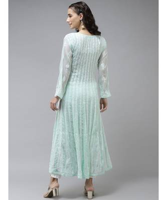 Ada Hand Embroidered Sea Green Georgette Lucknow Chikankari Anarkali Kurta 2