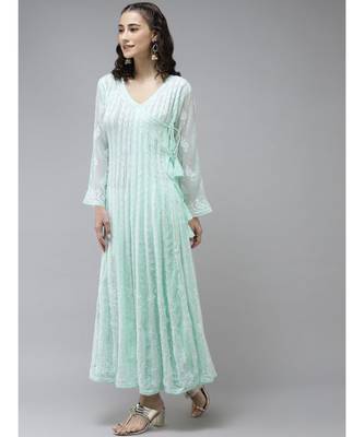 Ada Hand Embroidered Sea Green Georgette Lucknow Chikankari Anarkali Kurta 3
