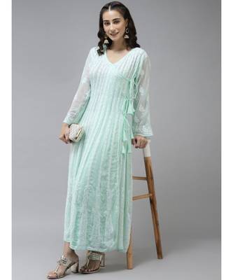 Ada Hand Embroidered Sea Green Georgette Lucknow Chikankari Anarkali Kurta 4