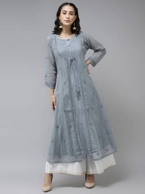 Ada Hand Embroidered Grey Kota Lucknowi Chikankari Women Kurta - A411170 1