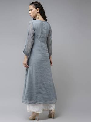 Ada Hand Embroidered Grey Kota Lucknowi Chikankari Women Kurta - A411170 2