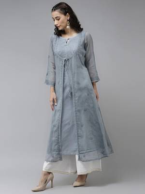 Ada Hand Embroidered Grey Kota Lucknowi Chikankari Women Kurta - A411170 3