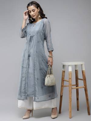 Ada Hand Embroidered Grey Kota Lucknowi Chikankari Women Kurta - A411170 4