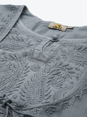 Ada Hand Embroidered Grey Kota Lucknowi Chikankari Women Kurta - A411170 5