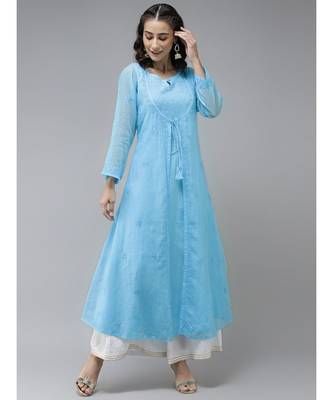 Ada Hand Embroidered Firozi Blue Kota Lucknow Chikankari Women Kurta - A411231 1