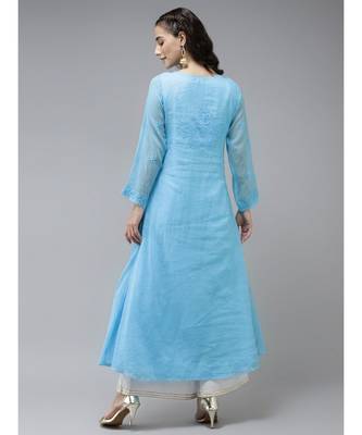 Ada Hand Embroidered Firozi Blue Kota Lucknow Chikankari Women Kurta - A411231 2