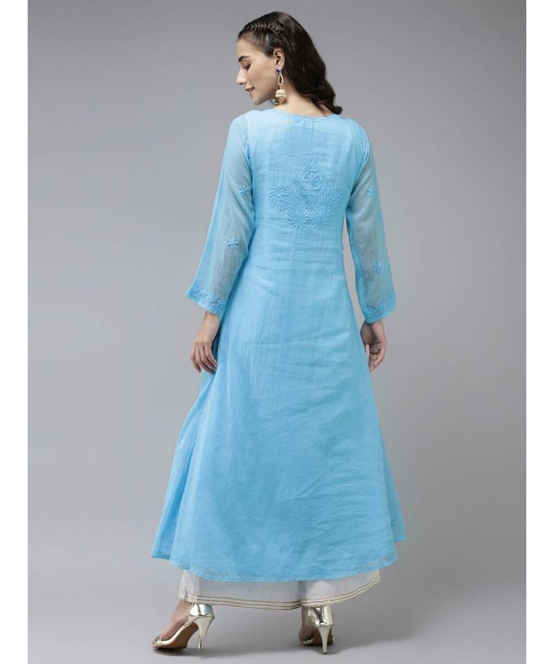 Ada Hand Embroidered Firozi Blue Kota Lucknow Chikankari Women Kurta - A411231
