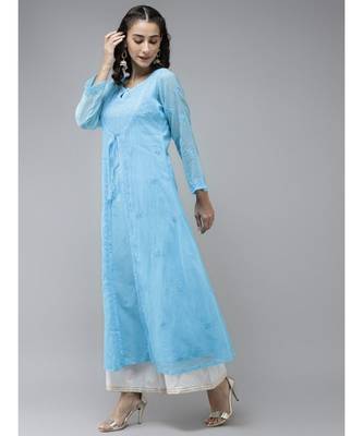 Ada Hand Embroidered Firozi Blue Kota Lucknow Chikankari Women Kurta - A411231 3