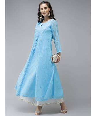 Ada Hand Embroidered Firozi Blue Kota Lucknow Chikankari Women Kurta - A411231 4