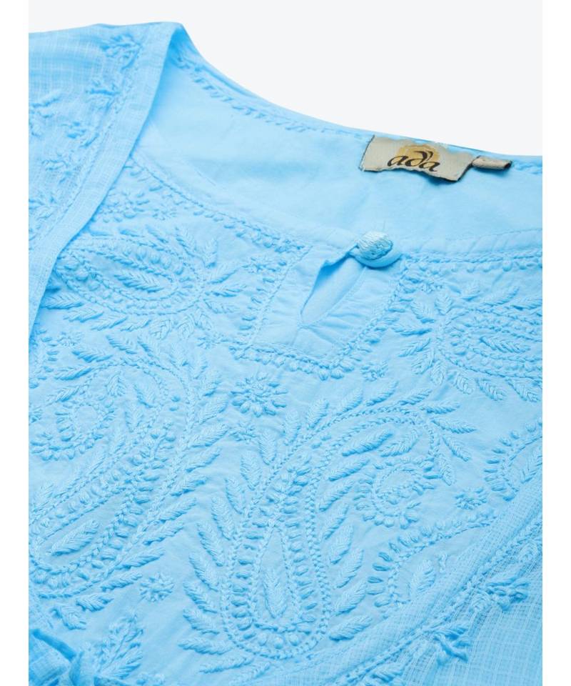 Ada Hand Embroidered Firozi Blue Kota Lucknow Chikankari Women Kurta - A411231