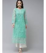 Ada Hand Embroidered Sea Green Organza Lucknowi Chikankari Women Kurta With Slip - A411242