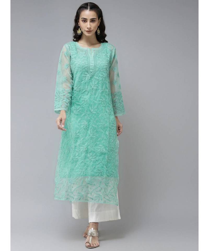 Ada Hand Embroidered Sea Green Organza Lucknowi Chikankari Women Kurta With Slip - A411242