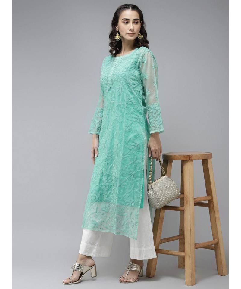 Ada Hand Embroidered Sea Green Organza Lucknowi Chikankari Women Kurta With Slip - A411242