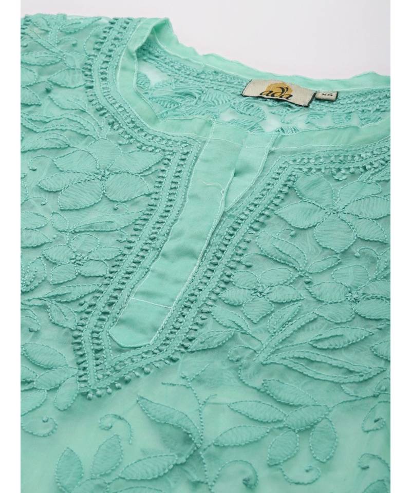 Ada Hand Embroidered Sea Green Organza Lucknowi Chikankari Women Kurta With Slip - A411242