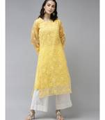 Ada Hand Embroidered Yellow Organza Lucknowi Chikankari Women Kurta With Slip - A411239