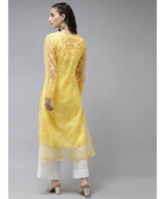 Ada Hand Embroidered Yellow Organza Lucknowi Chikankari Women Kurta With Slip - A411239 3