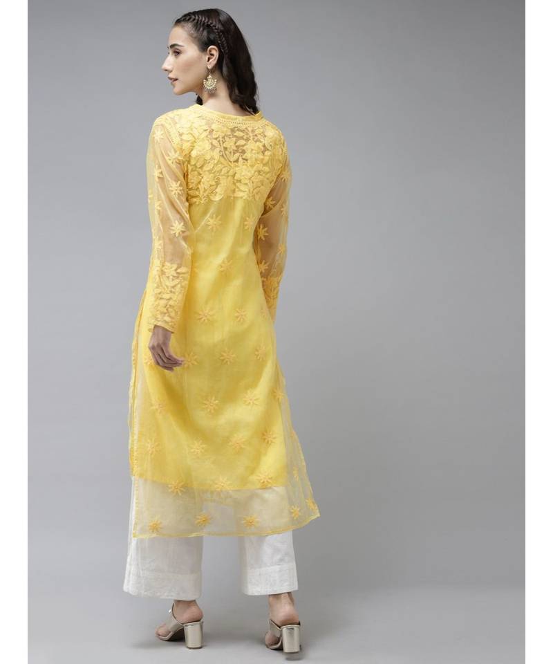 Ada Hand Embroidered Yellow Organza Lucknowi Chikankari Women Kurta With Slip - A411239