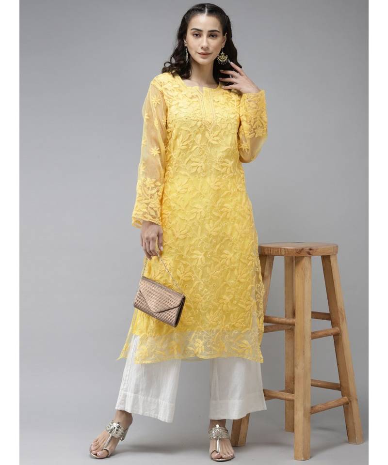 Ada Hand Embroidered Yellow Organza Lucknowi Chikankari Women Kurta With Slip - A411239