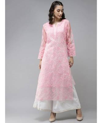 Ada Hand Embroidered Pink Organza Lucknowi Chikankari Women Kurta With Slip - A411237 3