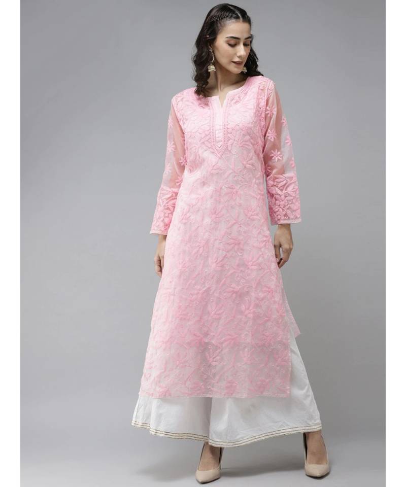 Ada Hand Embroidered Pink Organza Lucknowi Chikankari Women Kurta With Slip - A411237
