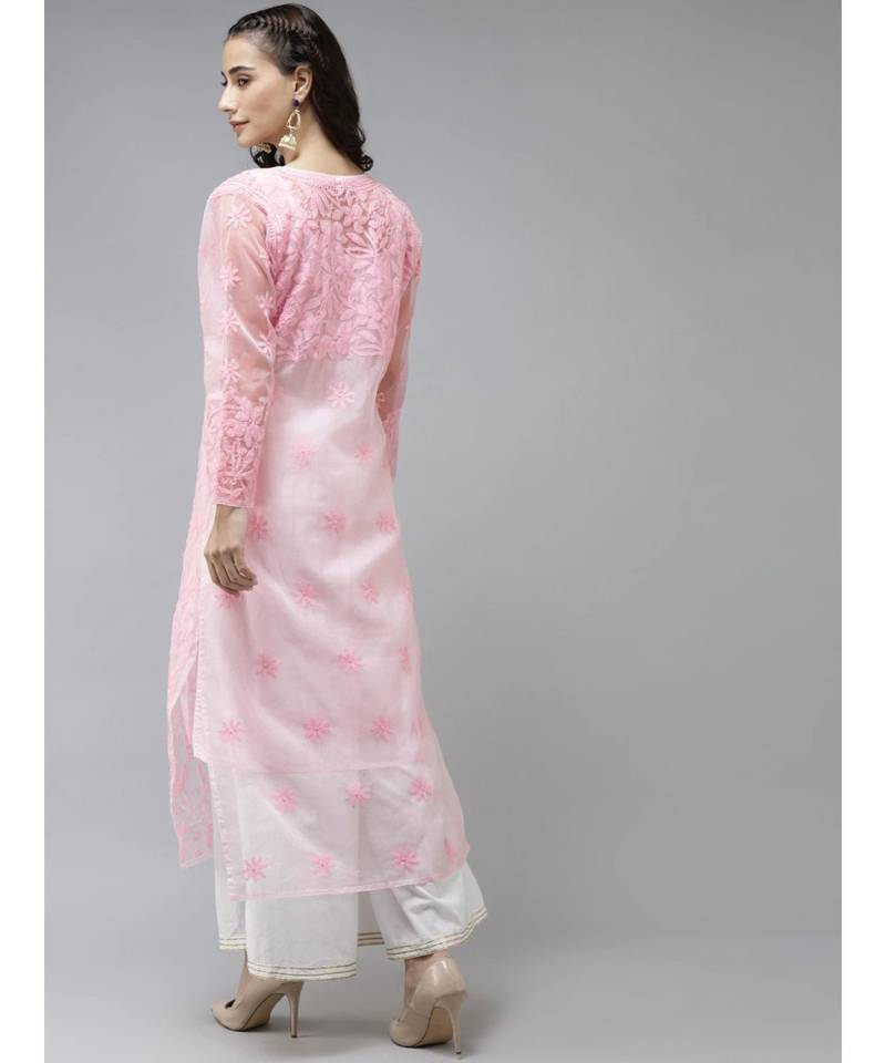 Ada Hand Embroidered Pink Organza Lucknowi Chikankari Women Kurta With Slip - A411237