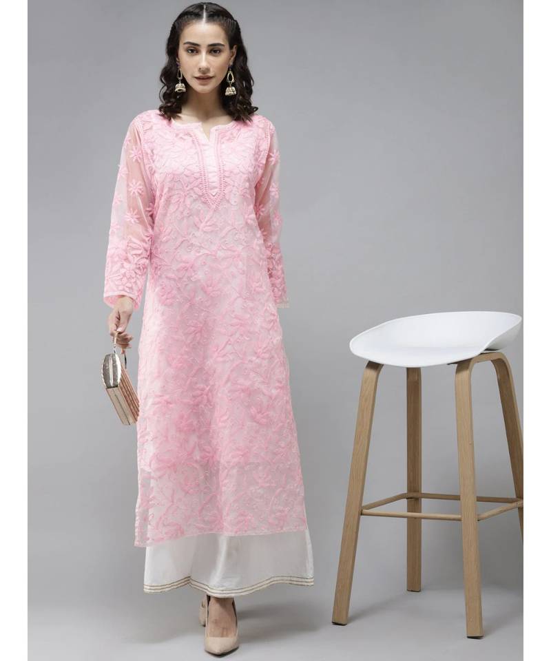 Ada Hand Embroidered Pink Organza Lucknowi Chikankari Women Kurta With Slip - A411237