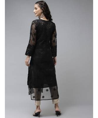 Ada Hand Embroidered Black Organza Lucknowi Chikankari Women Kurta With Slip - A411236 2