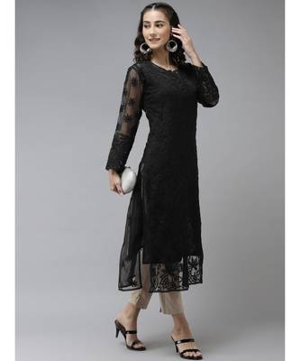 Ada Hand Embroidered Black Organza Lucknowi Chikankari Women Kurta With Slip - A411236 1