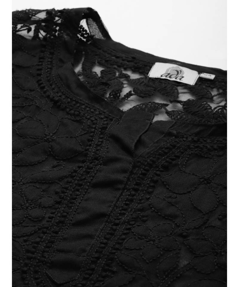 Ada Hand Embroidered Black Organza Lucknowi Chikankari Women Kurta With Slip - A411236