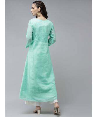 Ada Hand Embroidered Sea Green Kota Lucknow Chikankari Women Kurta - A411234 2