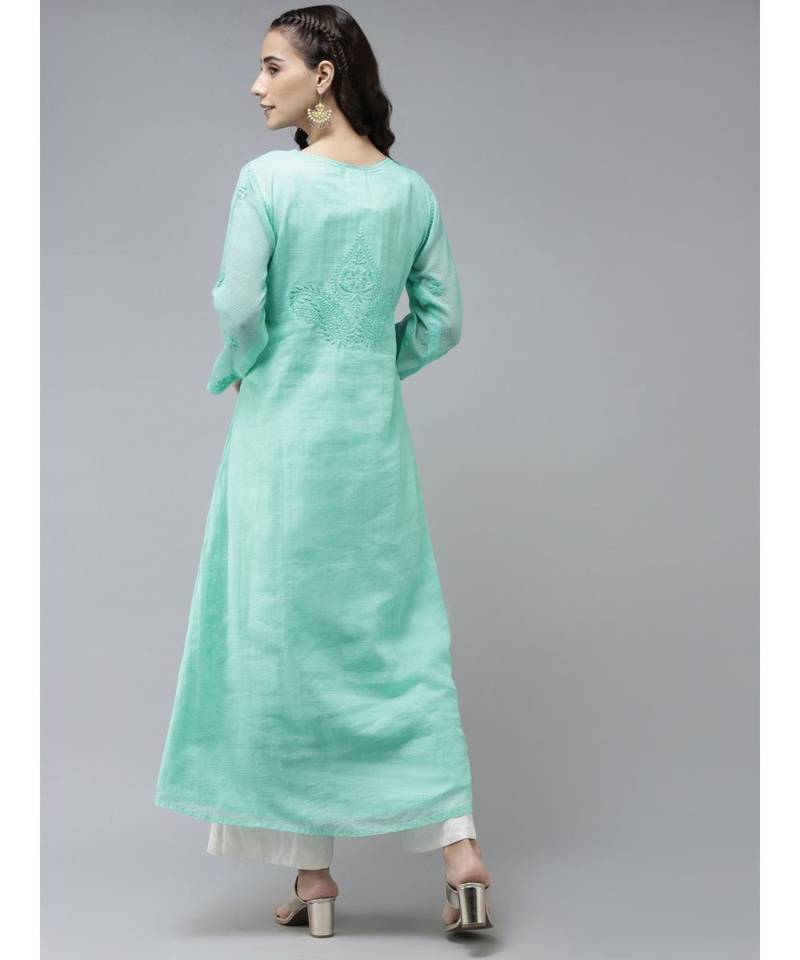 Ada Hand Embroidered Sea Green Kota Lucknow Chikankari Women Kurta - A411234