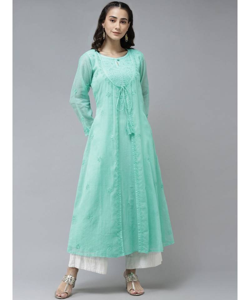 Ada Hand Embroidered Sea Green Kota Lucknow Chikankari Women Kurta - A411234