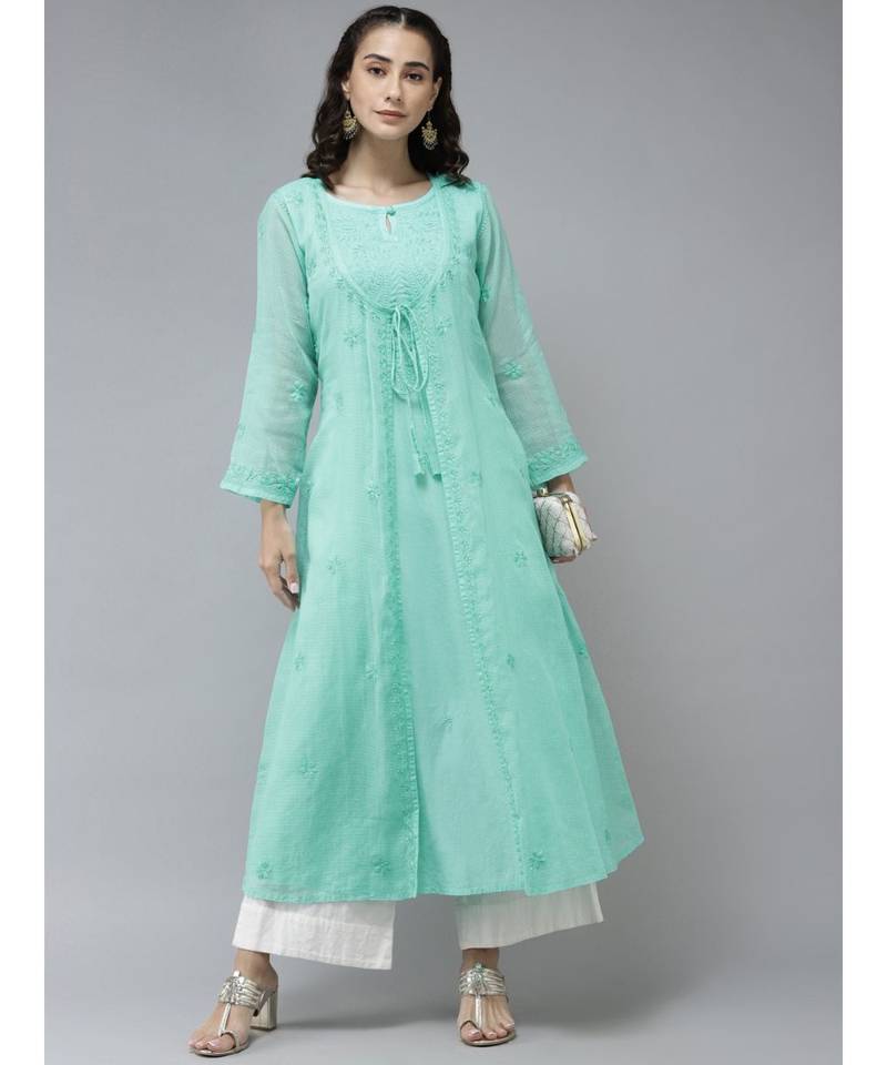 Ada Hand Embroidered Sea Green Kota Lucknow Chikankari Women Kurta - A411234