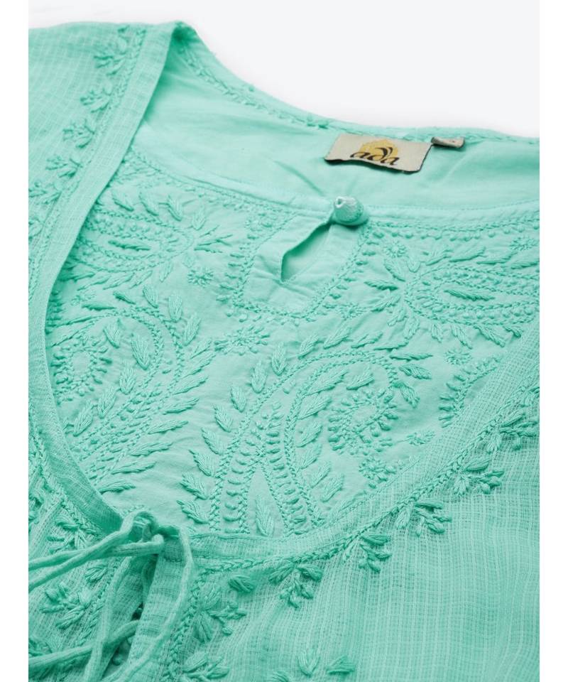 Ada Hand Embroidered Sea Green Kota Lucknow Chikankari Women Kurta - A411234