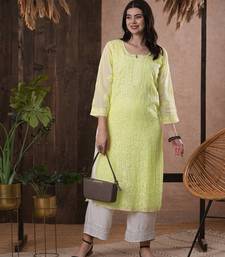 Hand Embroidered Lemon Kota Lucknow Chikankari Women Kurta With Slip