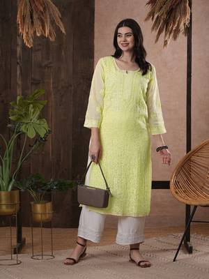 Hand Embroidered Lemon Kota Lucknow Chikankari Women Kurta With Slip 2