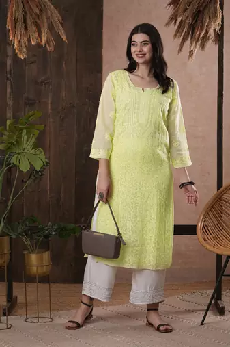 Hand Embroidered Lemon Kota Lucknow Chikankari Women Kurta With Slip