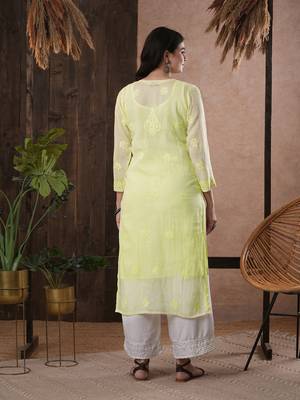 Hand Embroidered Lemon Kota Lucknow Chikankari Women Kurta With Slip 3